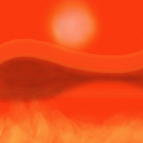 Sunrise? or sunset? A richly textured painting of a brilliant sun, low in the sky. Below it, the curvaceous rise and fall of a mountain range, the dark reflection of a watercourse offers respite. In the foreground a bright, dusty, swirling heat haze.